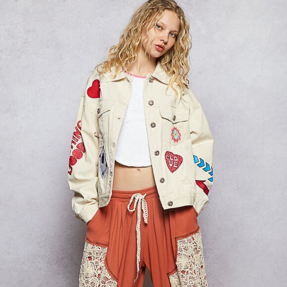 POL Jackets & Blazers - New Pol Patchwork Cream Denim Jacket Patchwork Love Hearts Relaxed Fit Cotton